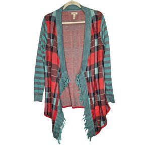 Matilda Jane Cardigan Sweater Fringe‎ Hem Open Front Plaid Stripes Multicolor sz